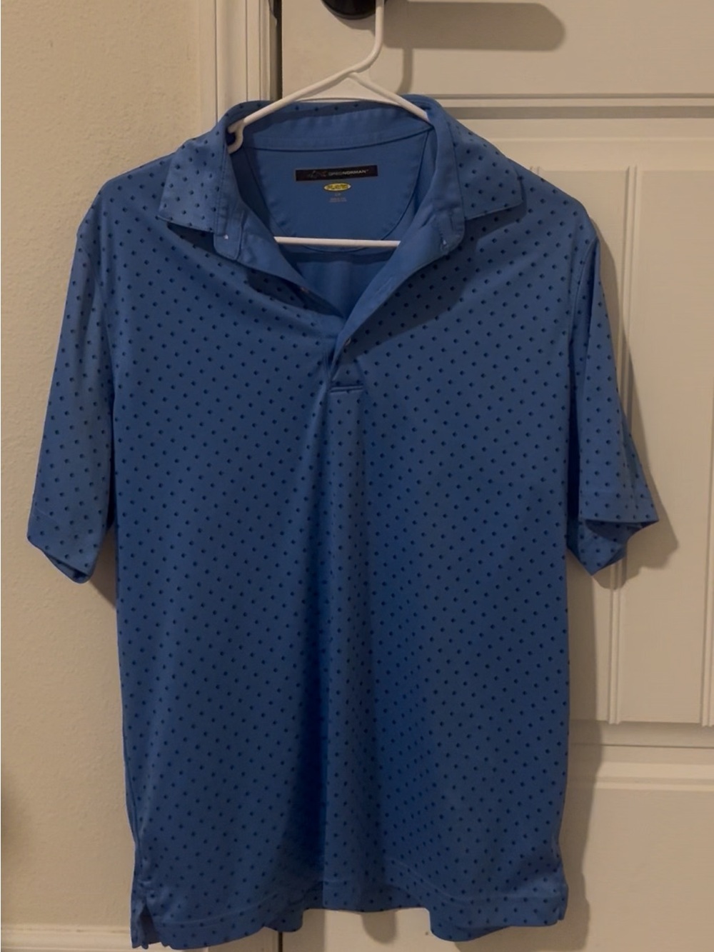 Greg Norman Collection Light Blue Polo with Navy Dot Pattern